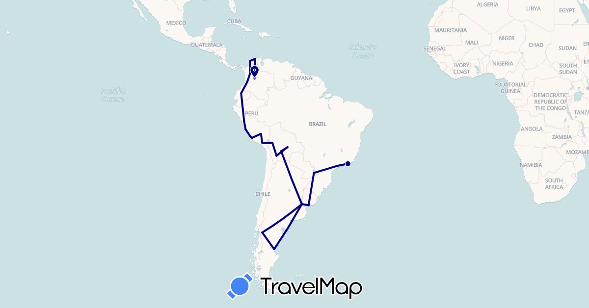TravelMap itinerary: driving in Argentina, Bolivia, Brazil, Colombia, Ecuador, Peru, Uruguay (South America)